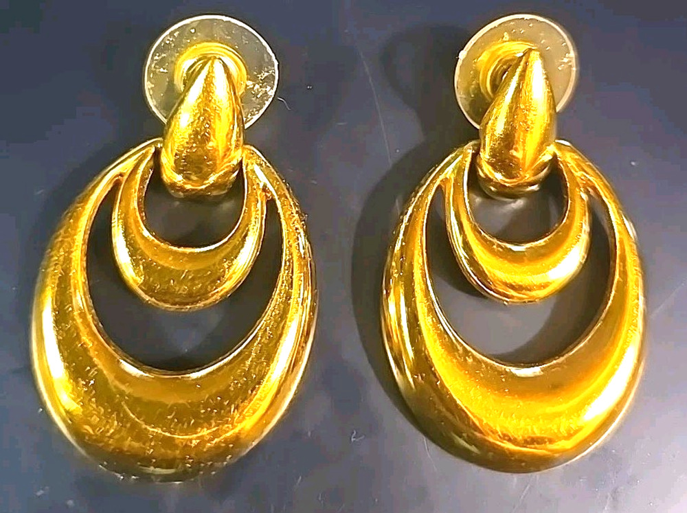 Vintage Napier Gold Tone Door Knocker Dangle Hoop Pierced Earrings Signed